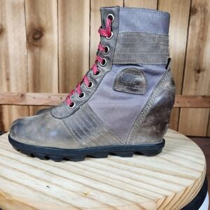 Sorel Lexie Wedge Lace Up Ankle Boots Womens 9 Brown Leather Canvas Combat